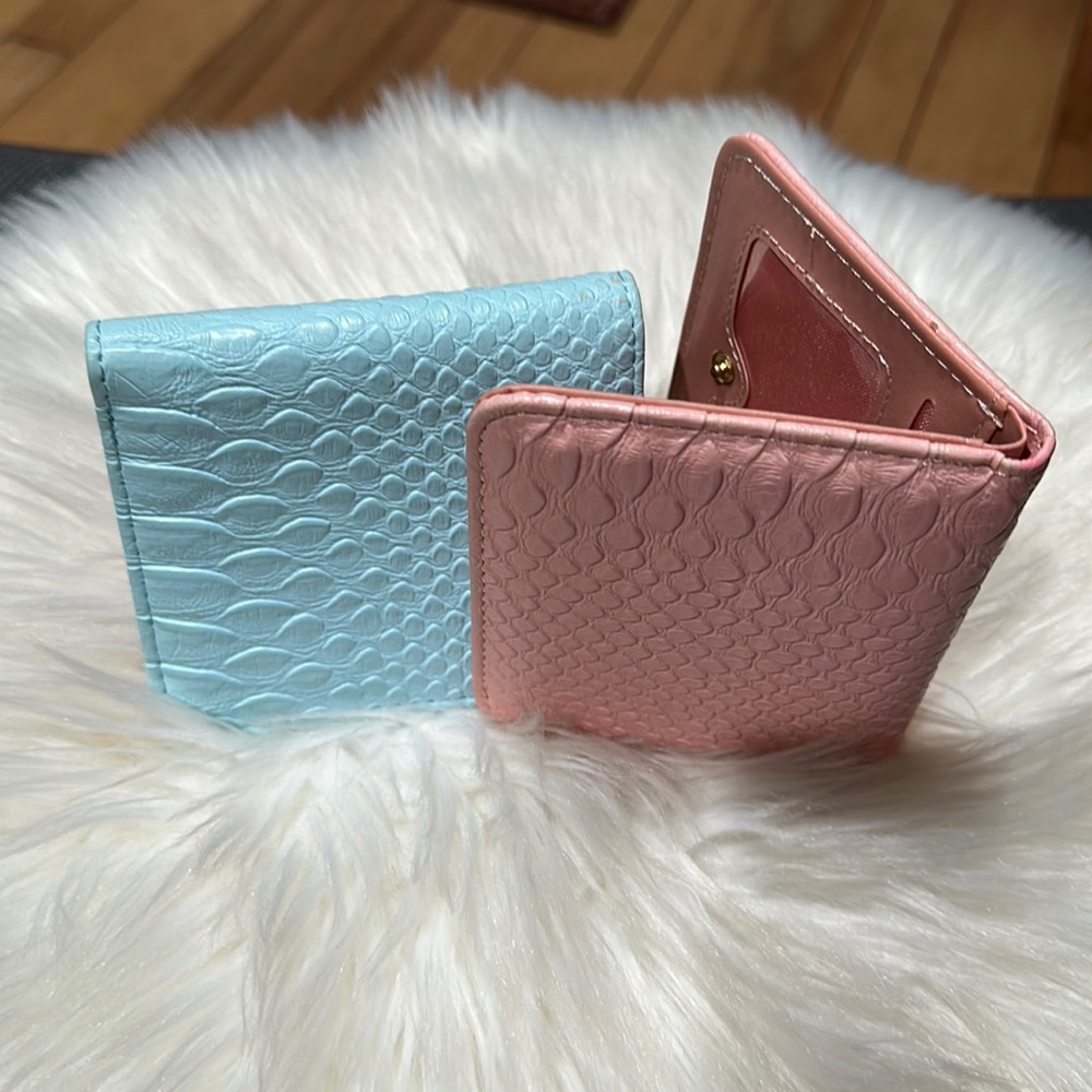 (NWOT) 2-pack Bundle of Pink and Blue Faux Croc Leather Snap Wallets